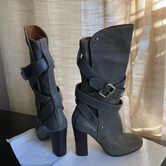 Chloe gray leather heel boots mid calf 36-6 slip on gray Italy under knee 14" hi